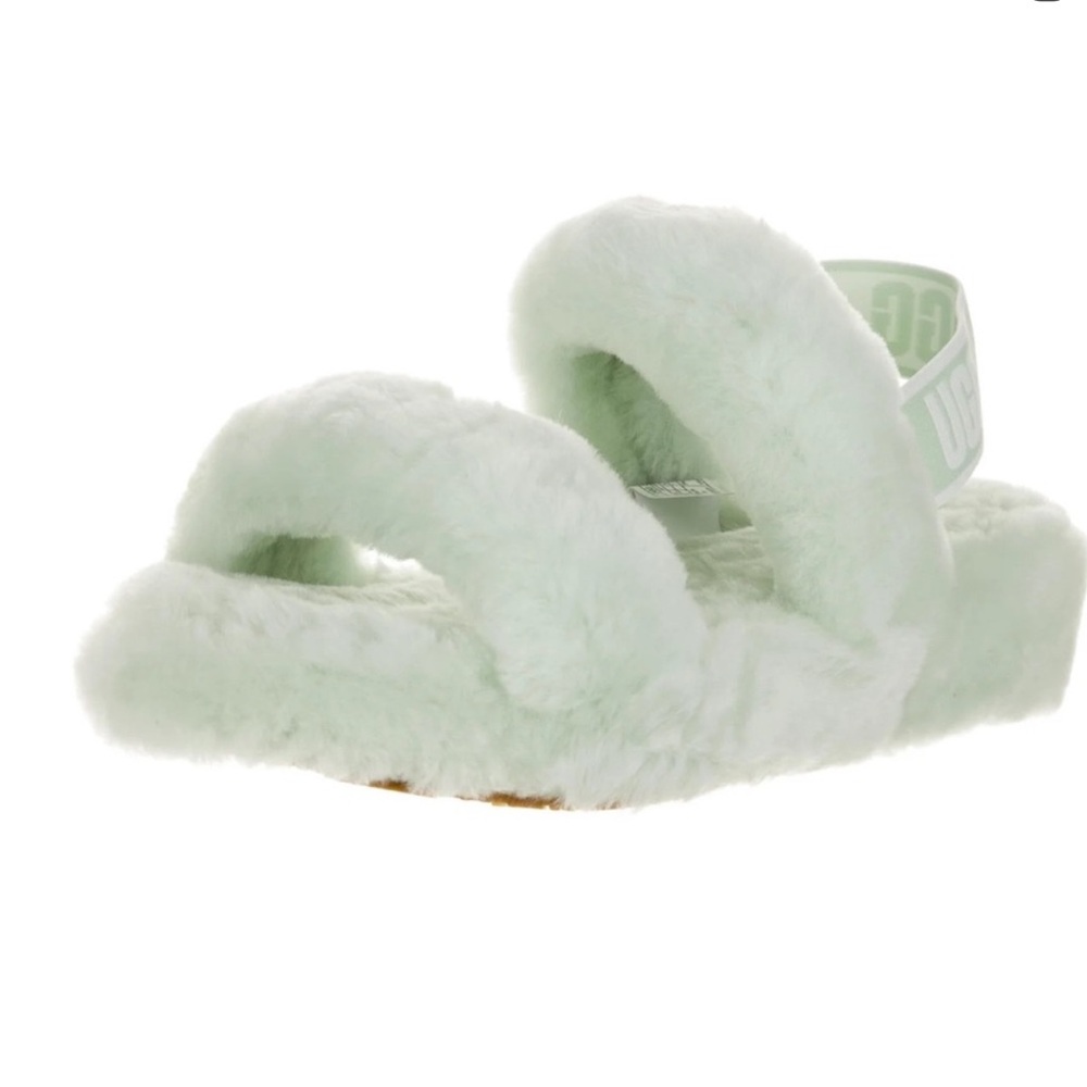 NEW UGG WINTER MINT GREEN FLUFF OH YEAH SLIDE SANDAL WOMENS SIZE 7